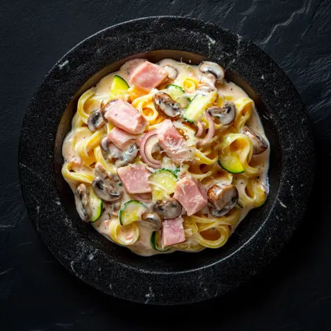 Паста с ветчиной и грибами